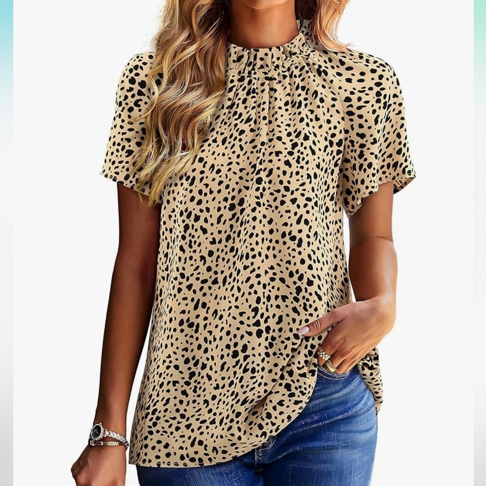 NWT Amoretu Women Leopard Print Shirts Mock Neck Short Sleeve Blouse Work Tops - Picture 2 of 5